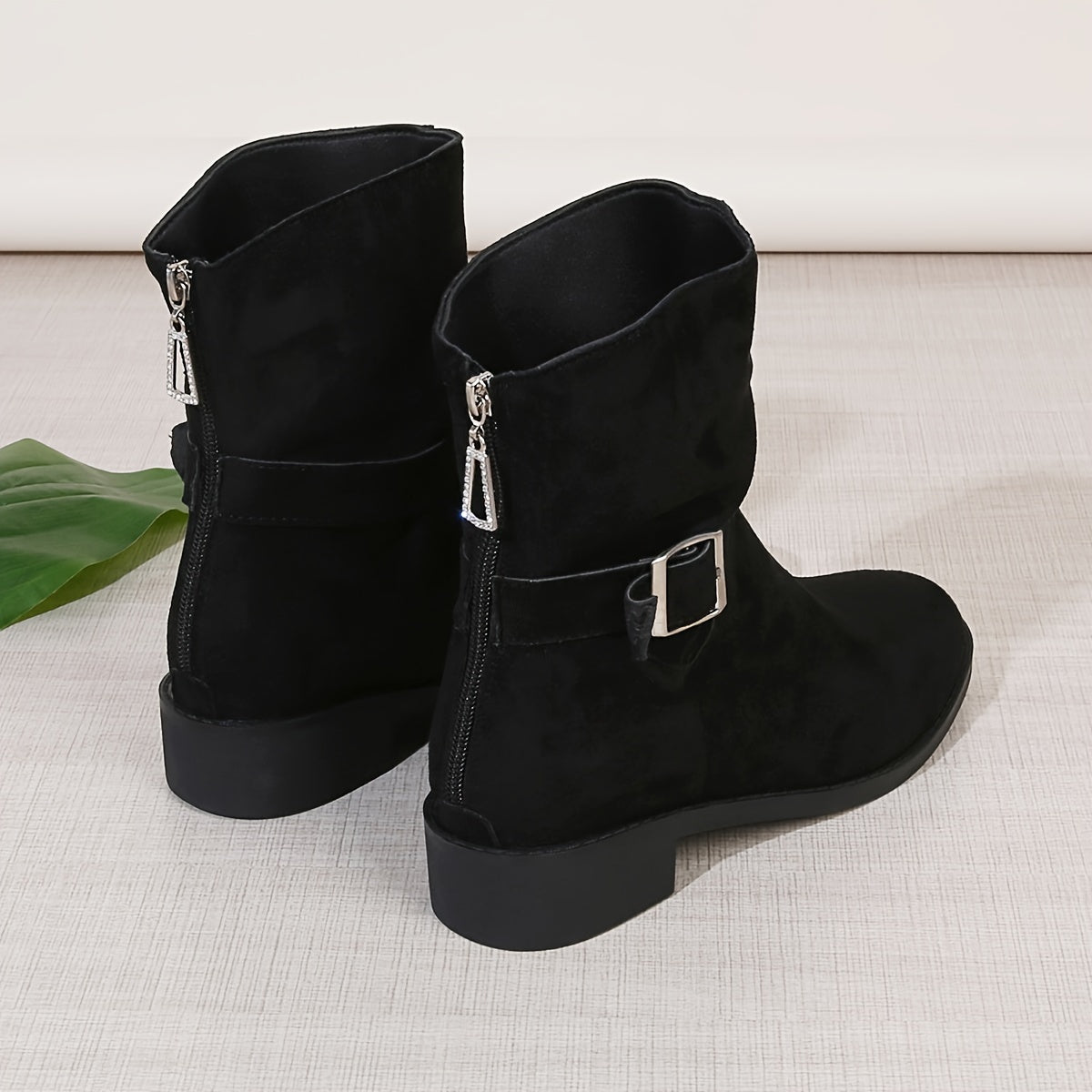 Women's Fleece-Lined Mid-Calf Boots Chunky Heel Side Zipper Casual