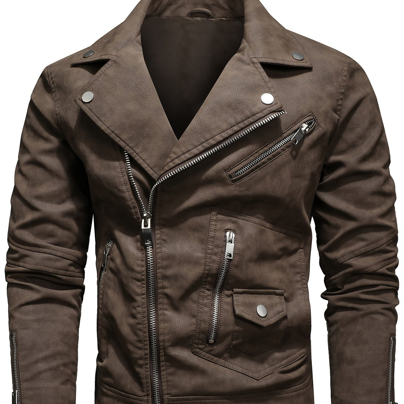 Vintage uslubidagi erkaklar jaketi, uzun yenglar, zipper yopilishi, cho'ntaklar, polyester astar va tashqi faoliyatlar uchun oddiy moslik.