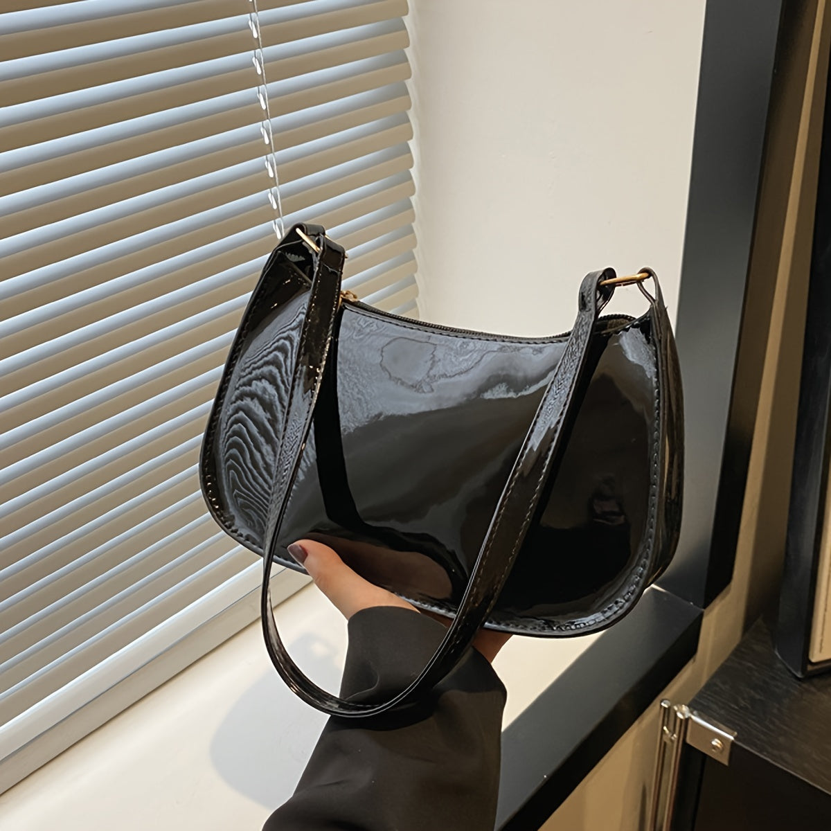 Vintage Red Glossy PU Shoulder Handbag for Women