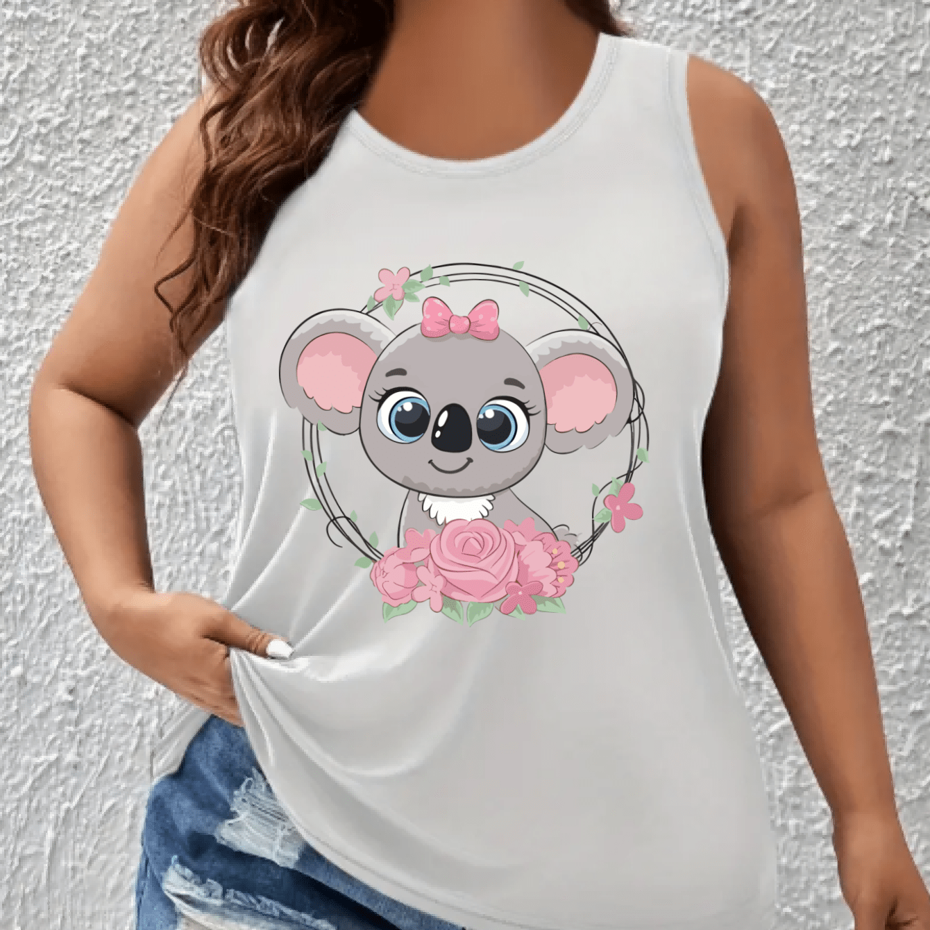 Top sin mangas de mujer talla grande con hombros descubiertos y estampado de koalas y flores