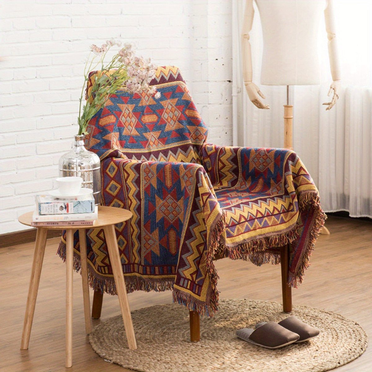 Bohemian Reversible Throw Blanket with Geometric Pattern and Tassels for Couch Protection