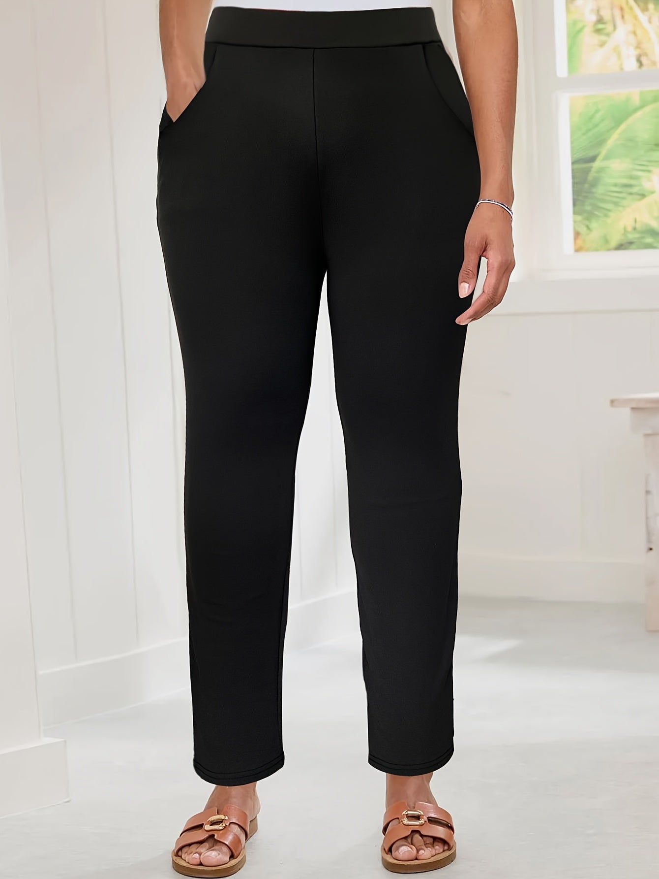 Women's Plus Size Stretch Straight Leg Pants Black Casual Semi-Formal