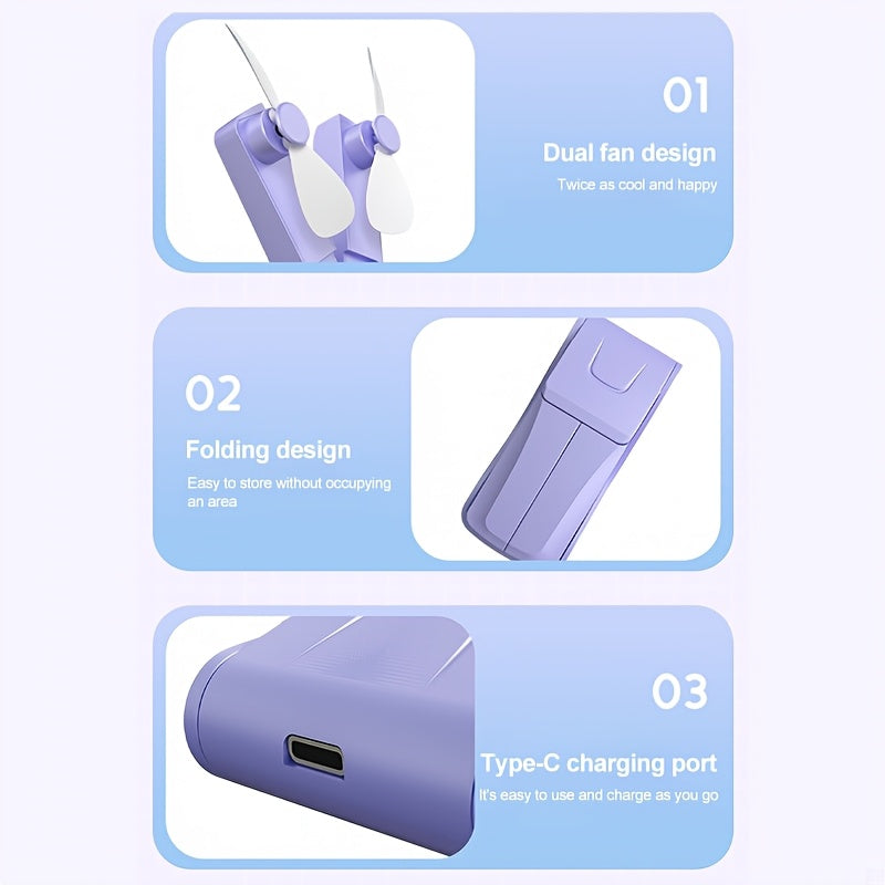 Mini fan with dual heads, strong wind, long-lasting battery, USB rechargeable, lightweight cooling