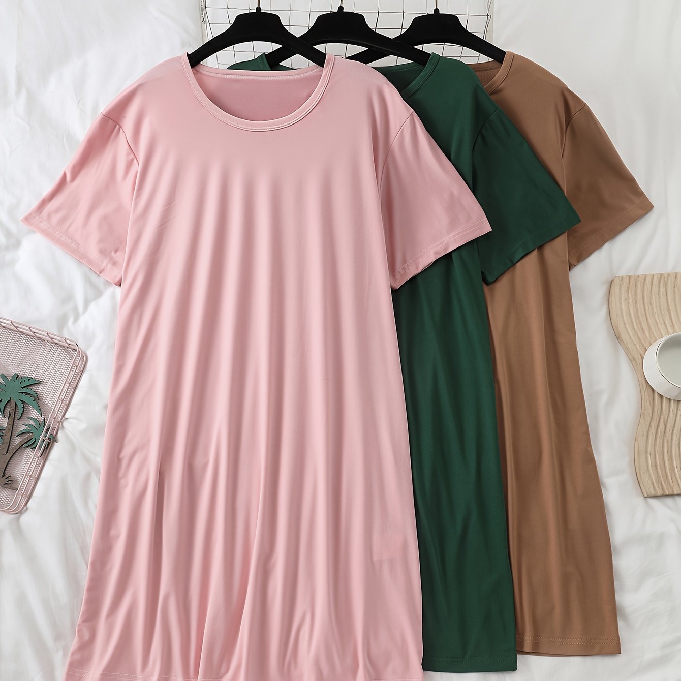 Plus Size Sleepwear 3-Pack Solid Color Knit Nightwear, Polyester Blend, Comfortable