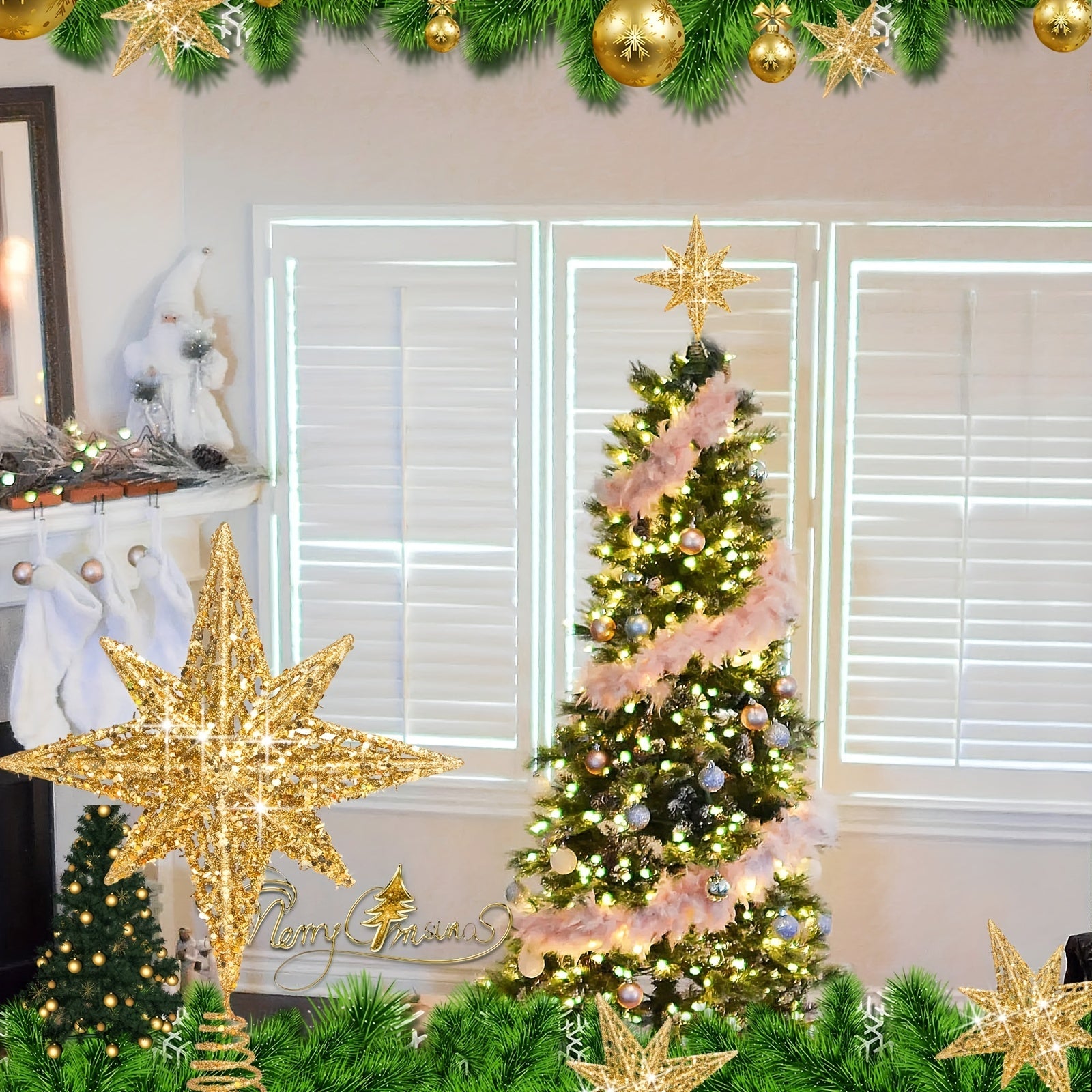 8 Inch Gold Silver Glitter Bethlehem Christmas Tree Topper for Home Decorations