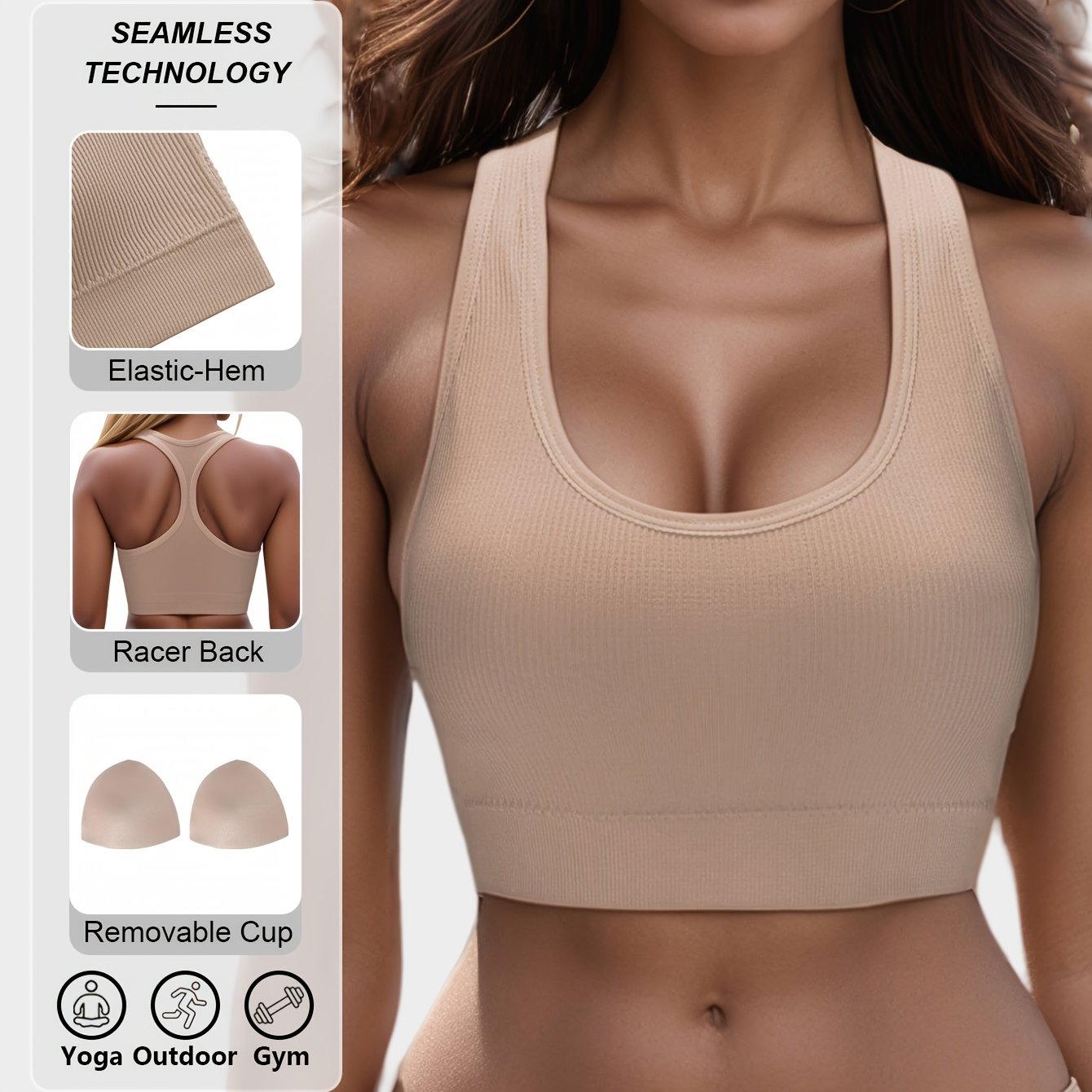 Lianshengfa yuqori elastik sport brassi intensiv mashg'ulotlar uchun, tikuvsiz va zarbaga chidamli, nafas olish uchun poyabzal dizayni bilan.