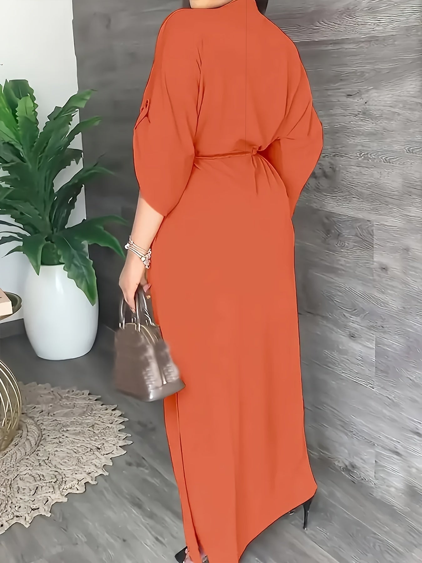 Vestido dividido de poliéster para mujer con cuello redondo, color sólido, elegante túnica