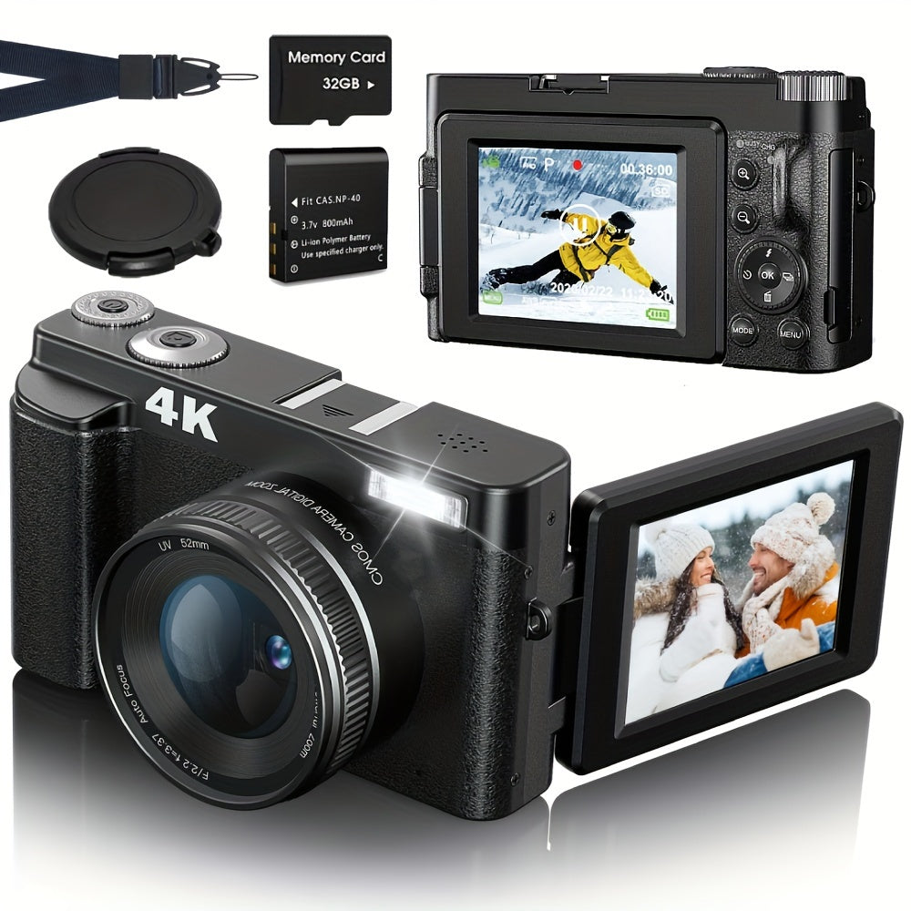4K Ultra HD Digital Camera with 48MP Auto-Focus 16X Zoom 180° Flip Screen Black