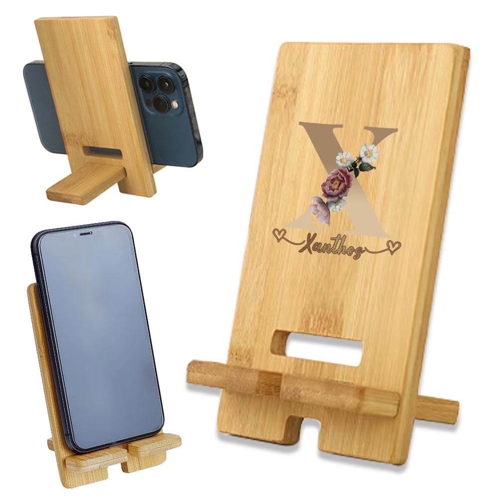 Customized Wooden Phone Stand with Detachable Desk Holder and Engraved Name in Light Brown Cork
