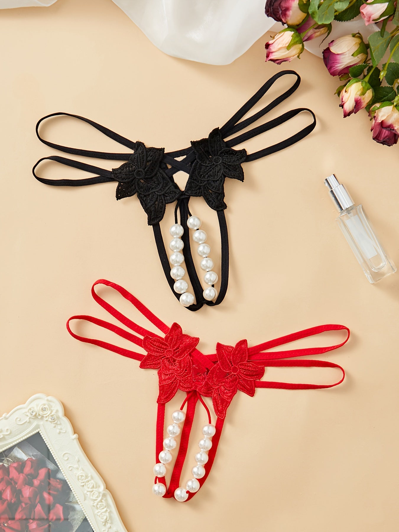 Women's Floral Applique Thongs with Faux Pearl Accents Low Waist Lingerie