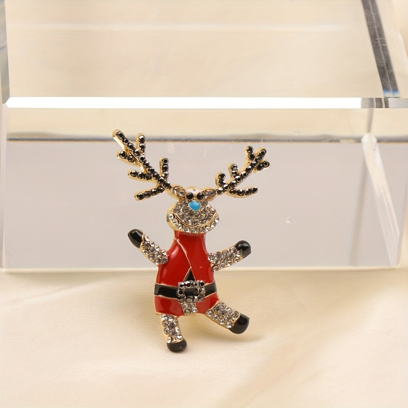 Enamel Reindeer Brooch Pin with Rhinestones for Christmas Party Accessories
