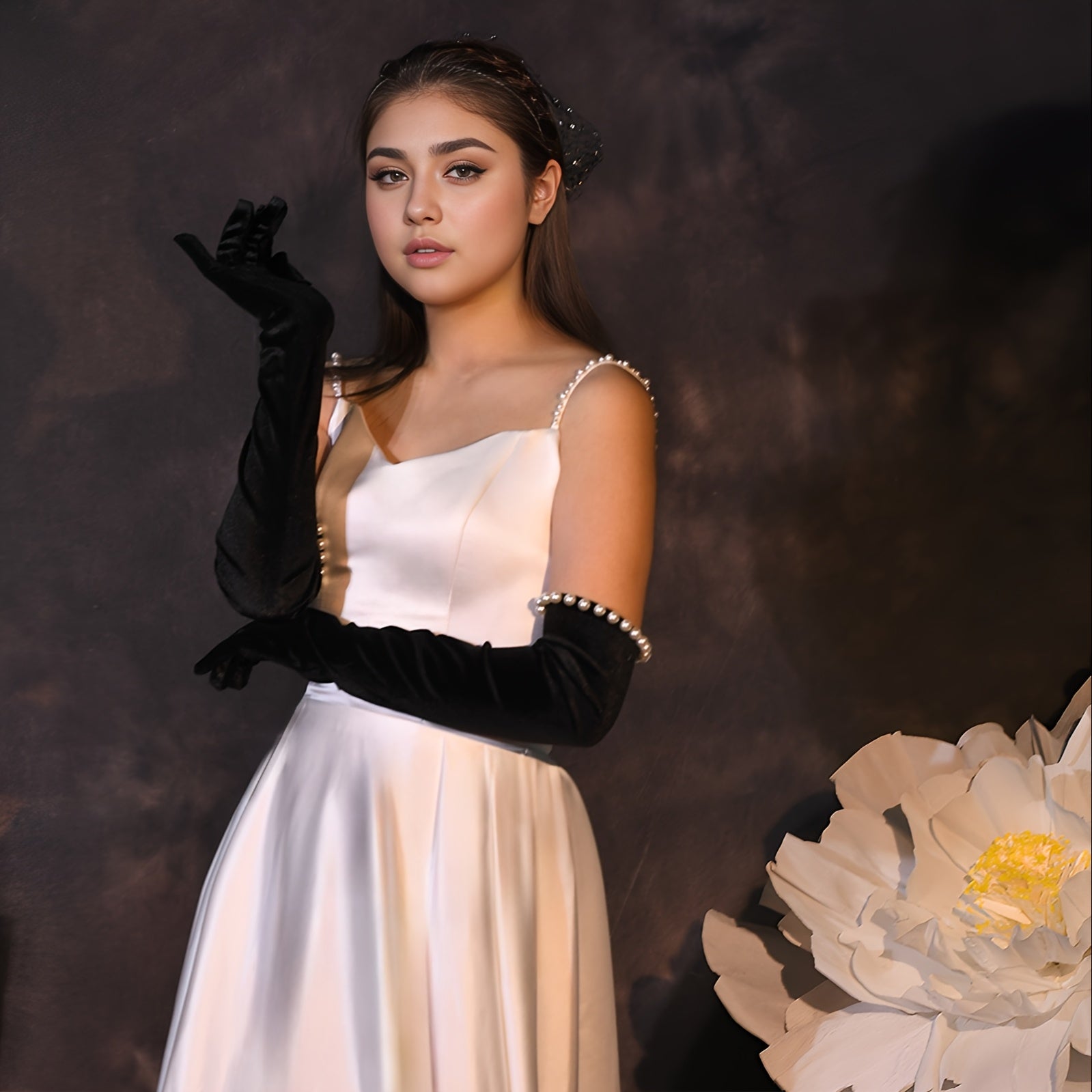 Black Long Fingerless Bridal Gloves with Pearl and Floral Embellishments for Weddings
