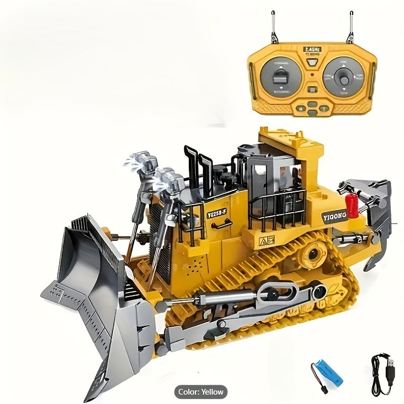 Juguete excavadora RC inalámbrica con pala de metal, 11 canales, recargable por USB, amarillo