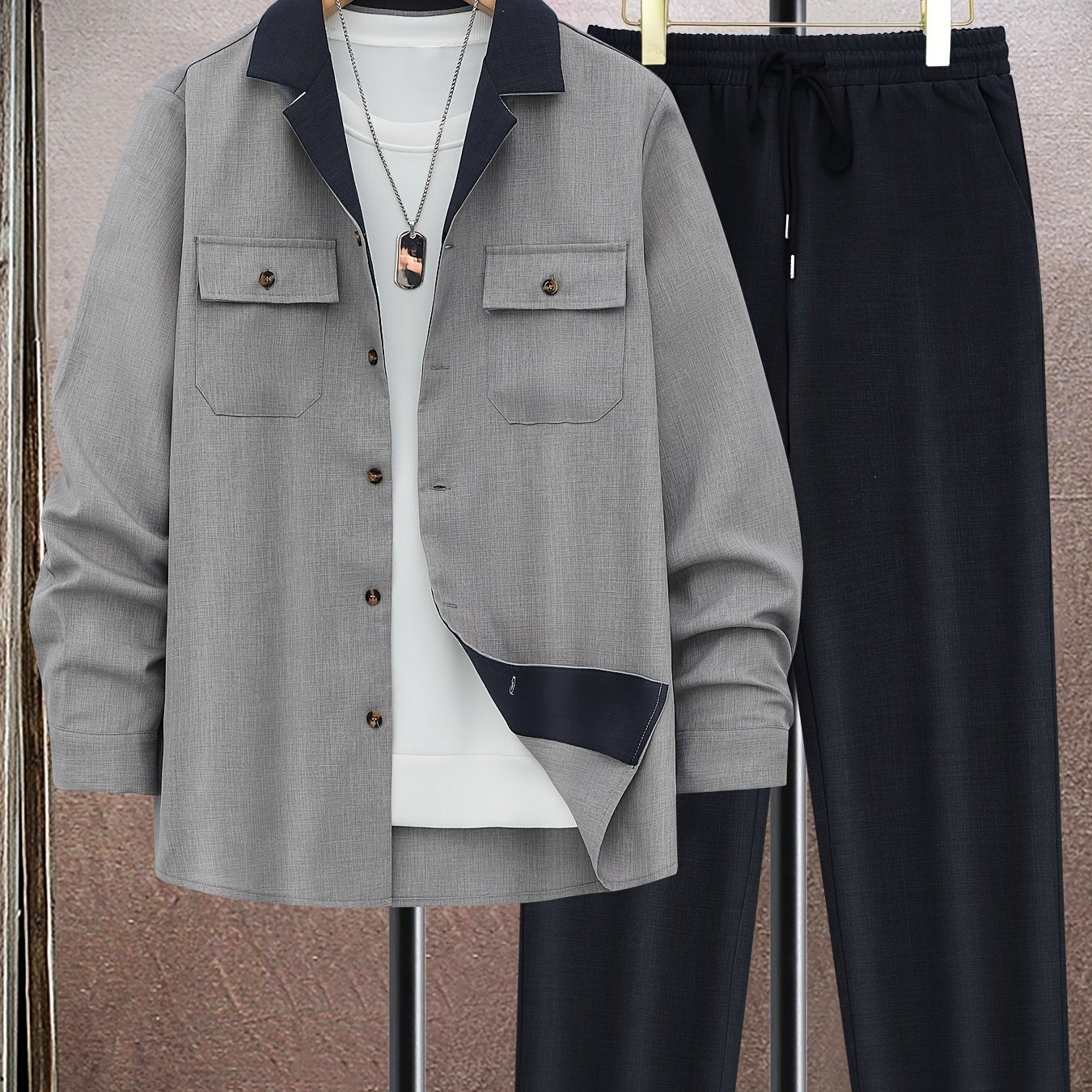 Men's Plus Size Olive Green Blazer Set Polyester Casual Button-Up Jacket with Pockets and Black Pants for Spring and Autumn