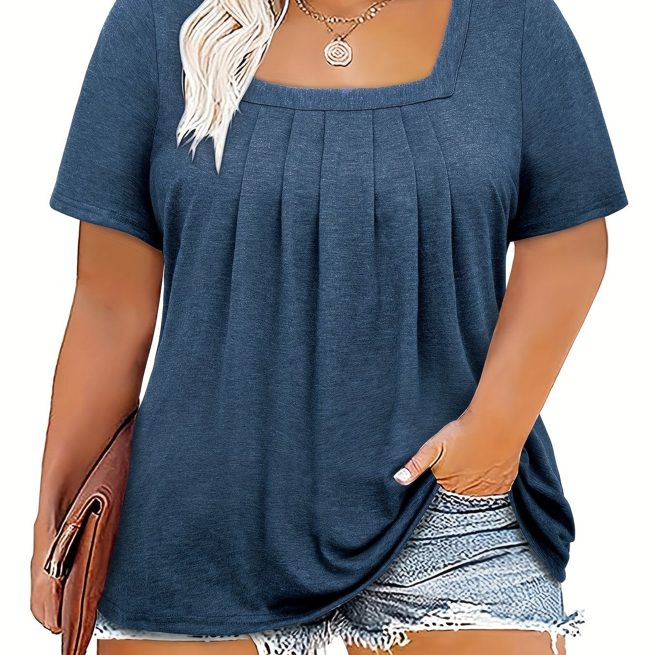 Plus Size Women's Pleated Short Sleeve Square Neck T-Shirt Spring Summer Casual Clothing