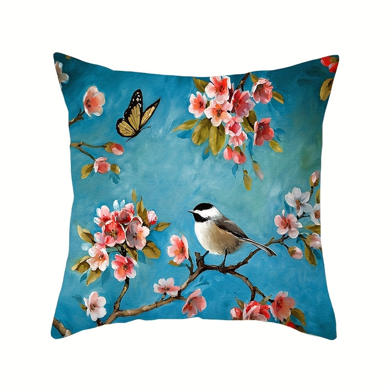 Floral and Bird Print Throw Pillow Cover Stain Resistant Polyester Zipper Closure