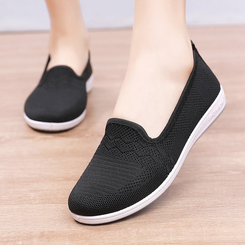 Women's Black Slip-On Loafers Breathable Knit Non-Slip Rubber Flats