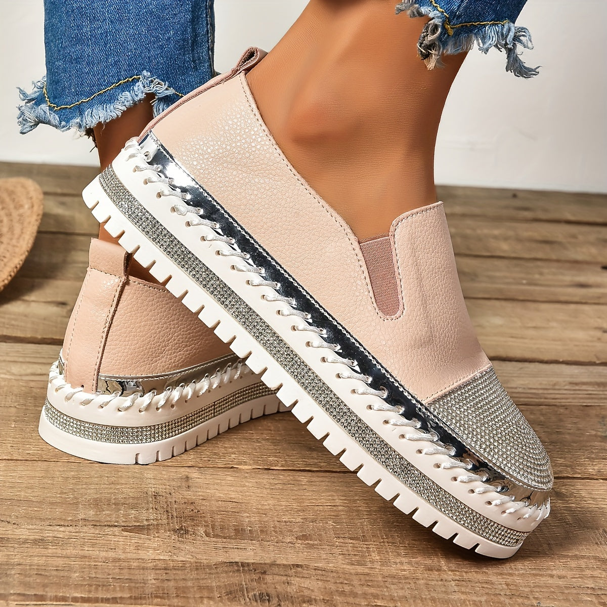 Women's Glitter Flats, Solid Color Slip-On Loafers, Comfortable Platform Shoes