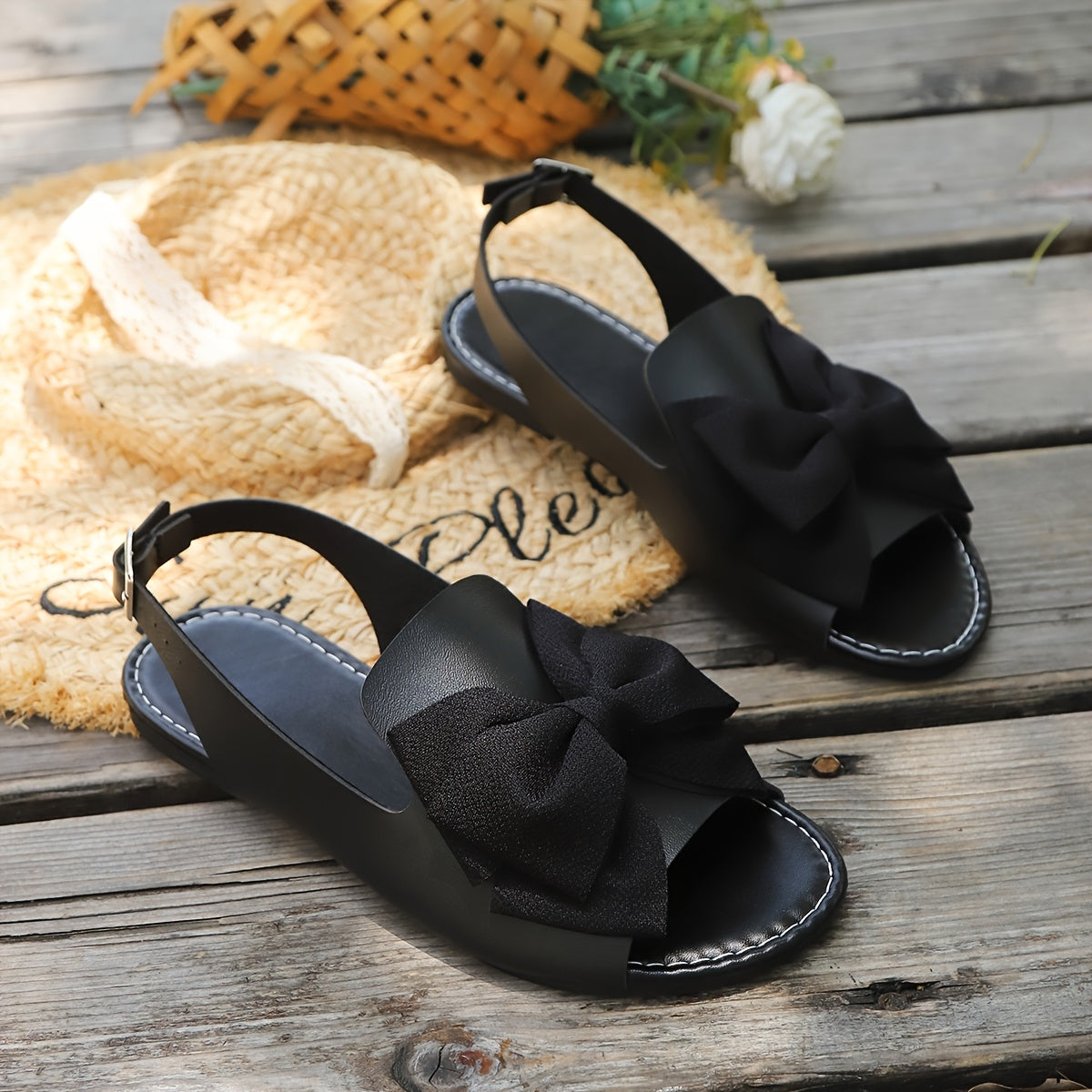 Women's Flat Sandals with Bow Detail Open Toe Adjustable Ankle Strap
