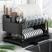 2-Tier Iron Dish Drying Rack with Drainboard Cutlery Holder and Glass Shelf