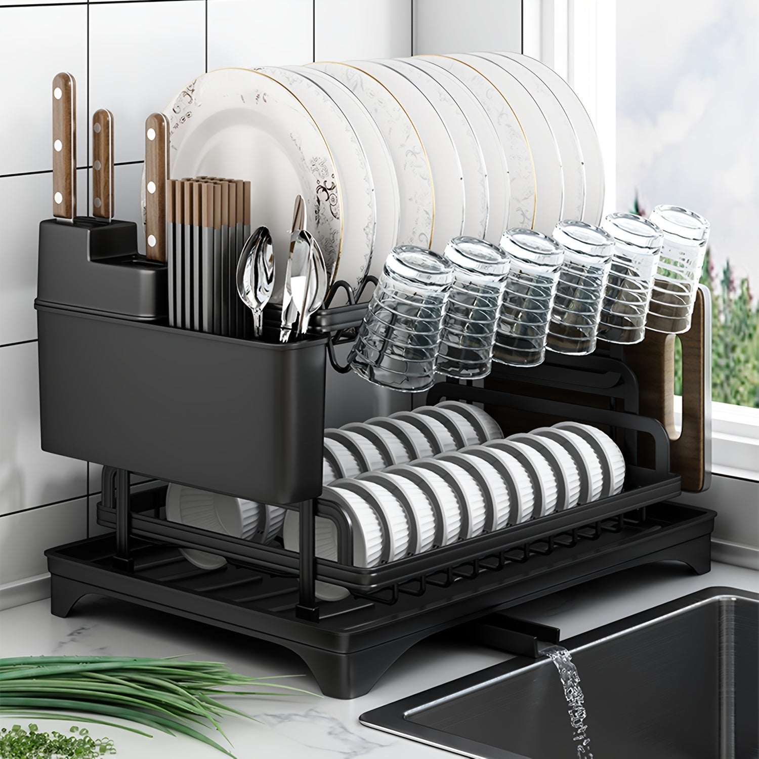 2-Tier Iron Dish Drying Rack with Drainboard Cutlery Holder and Glass Shelf