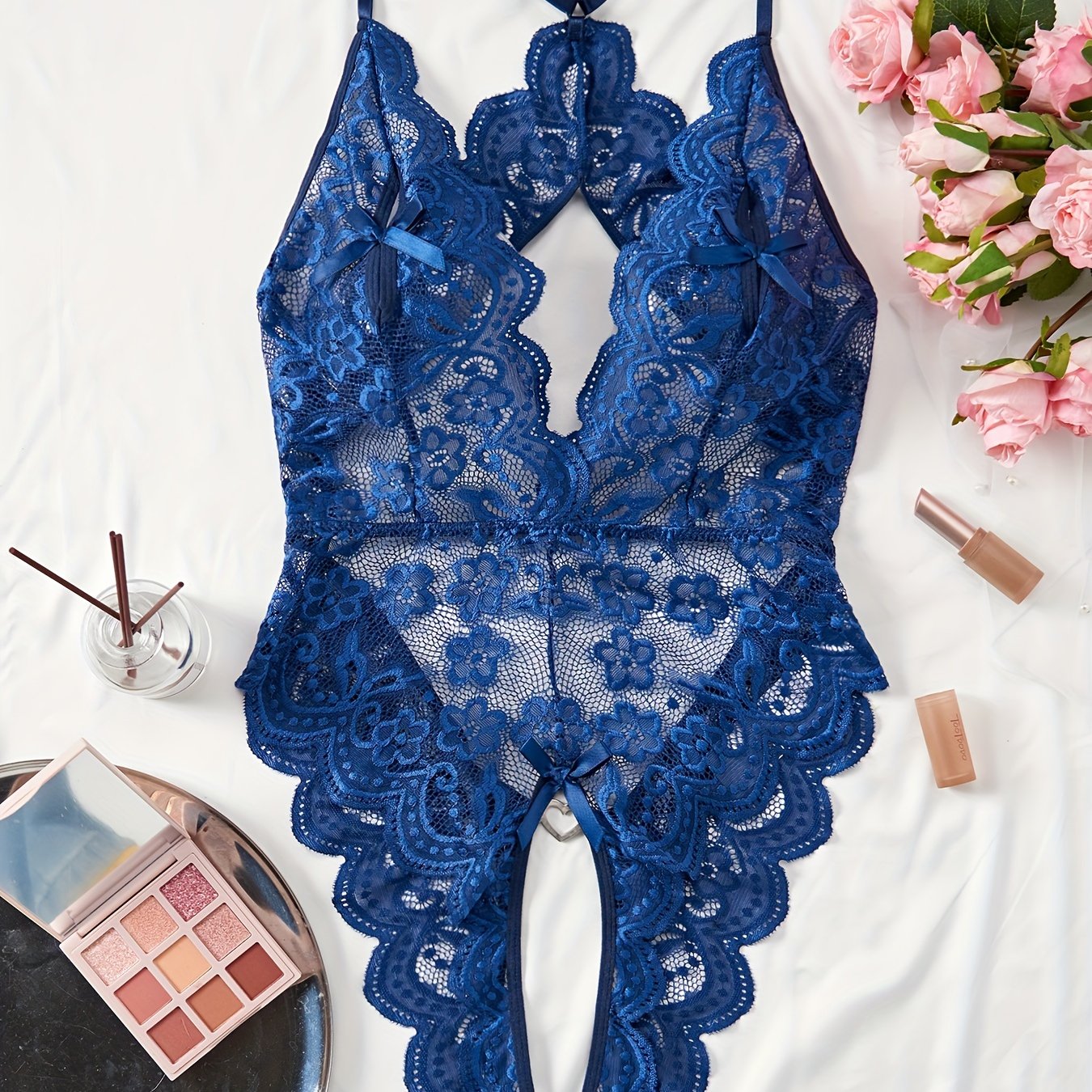 Women's Lace Teddy with Scallop Trim and Deep V Back