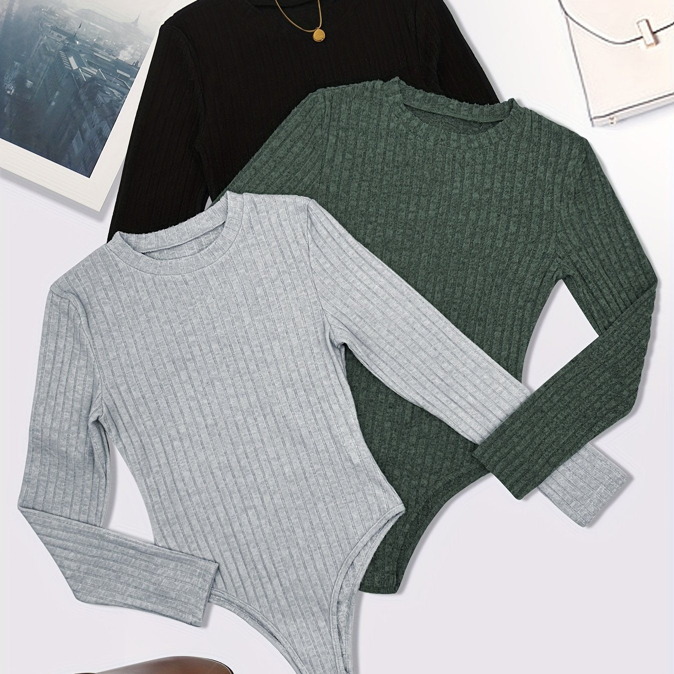 Women's Plus Size Ribbed Long Sleeve Bodysuit 3 Pack Solid Black White Navy