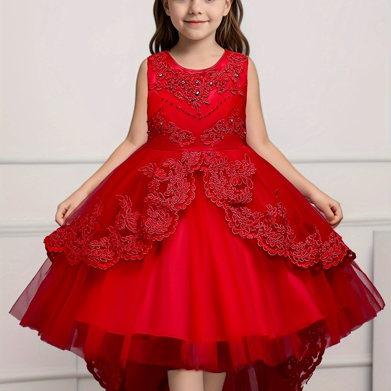 Girls' Red Princess Dress Beaded Embroidery Mesh Tail for Parties Weddings