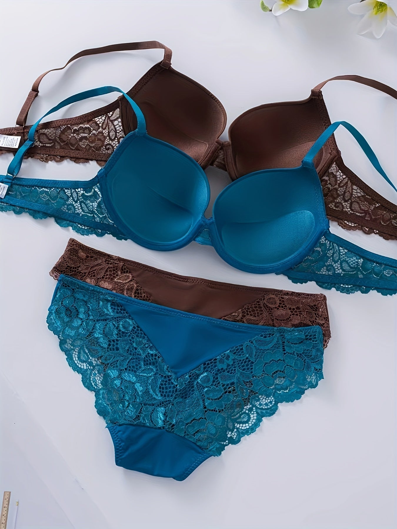 Teal and Brown Lace Lingerie Set with Push-Up Bra and High-Support Panties