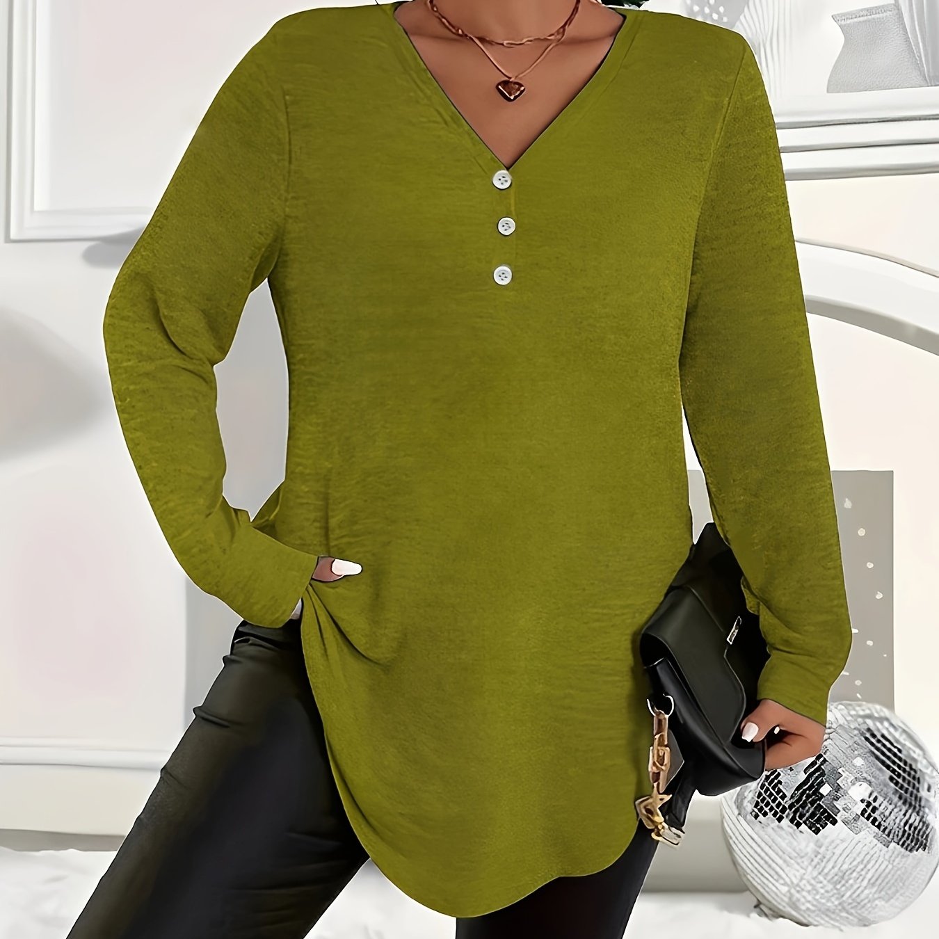 Women's Plus Size V-Neck Long Sleeve Top Polyester Knit Solid Color Fall Winter
