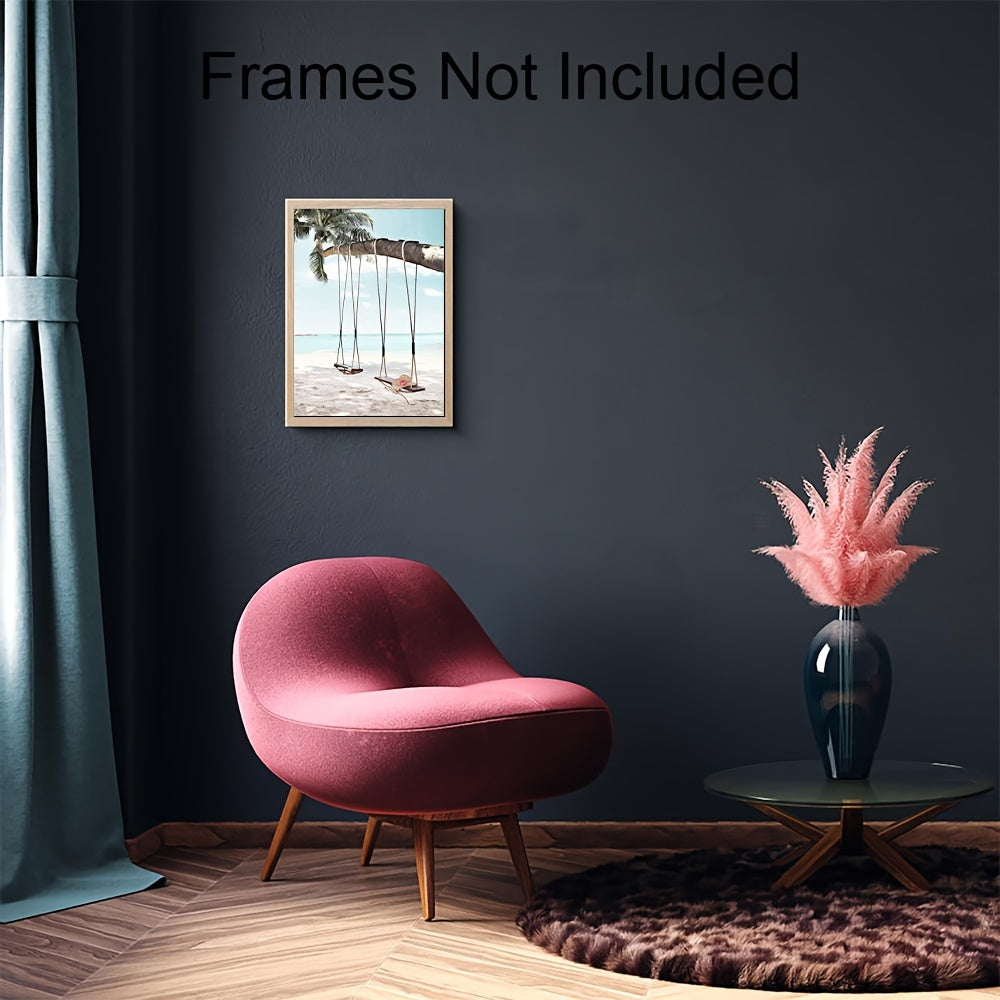 Beach Coast Canvas Wall Art Seaside Palm Tree Ocean Swing Blue Sky Sea View