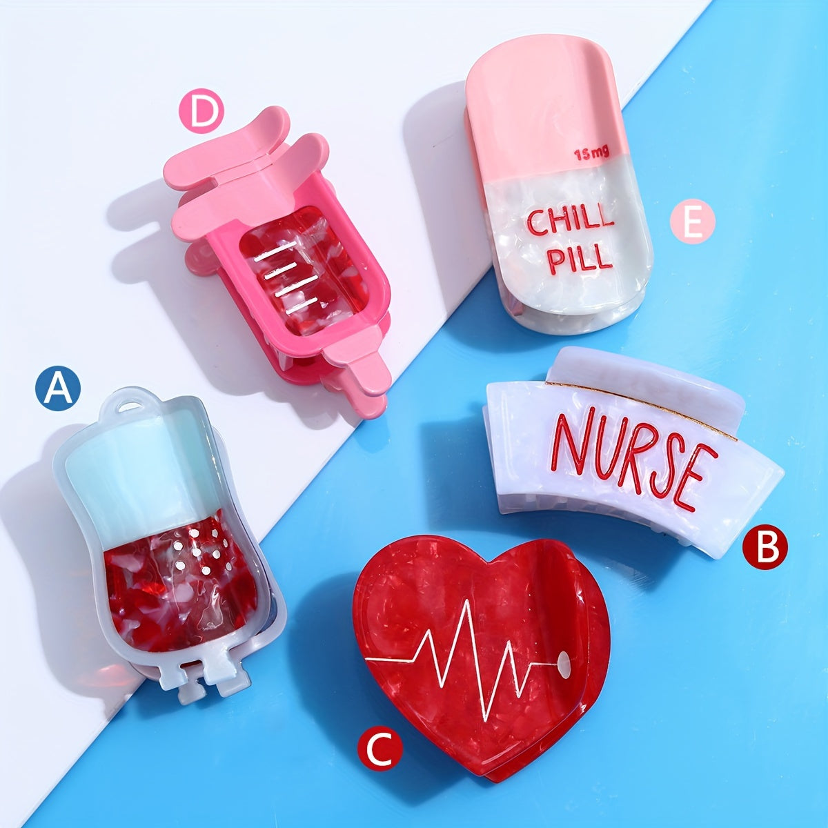 Single Piece Nurse Themed Hair Clip for Medical Professionals Stylish Acetic Acid Oval Claw with Blood Bag Syringe and Chill Pill Design