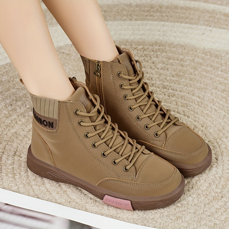 Women's Brown Faux Leather Lace-Up Boots Non-Slip Casual Formal