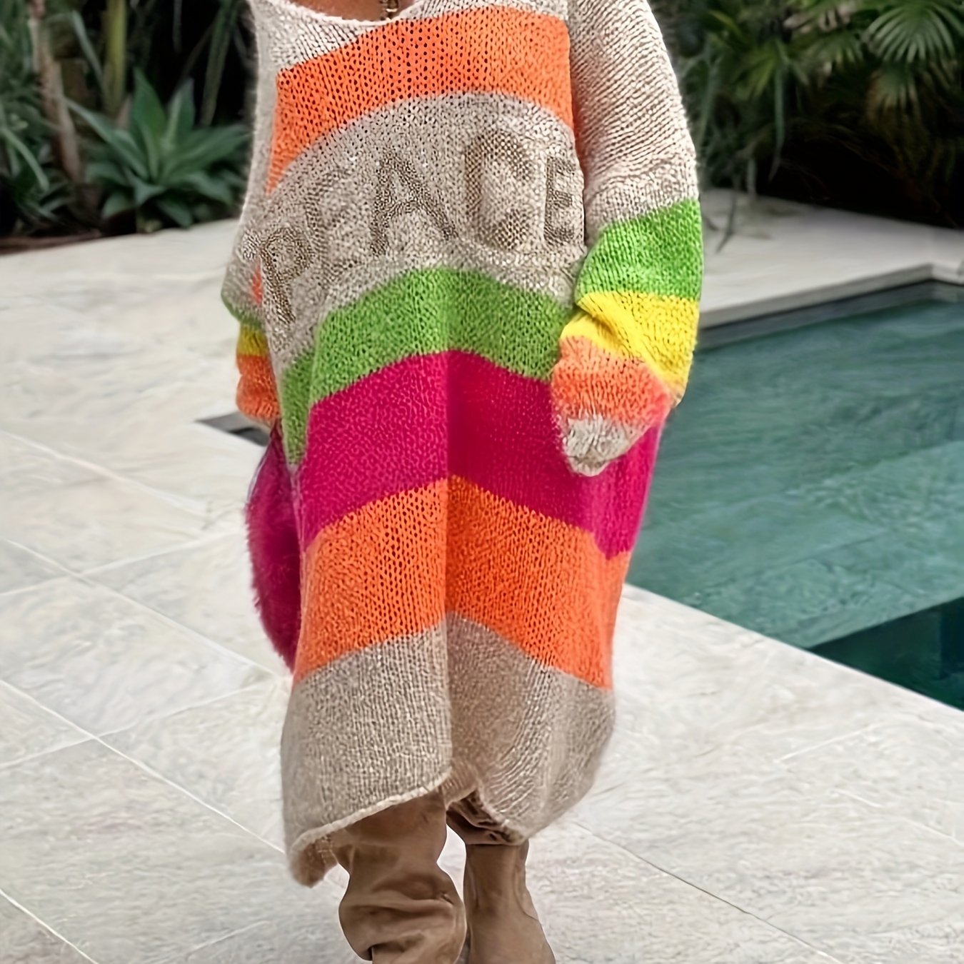 Plus Size Knit Dress Long Sleeve V-Neck Striped Casual Womens Clothing