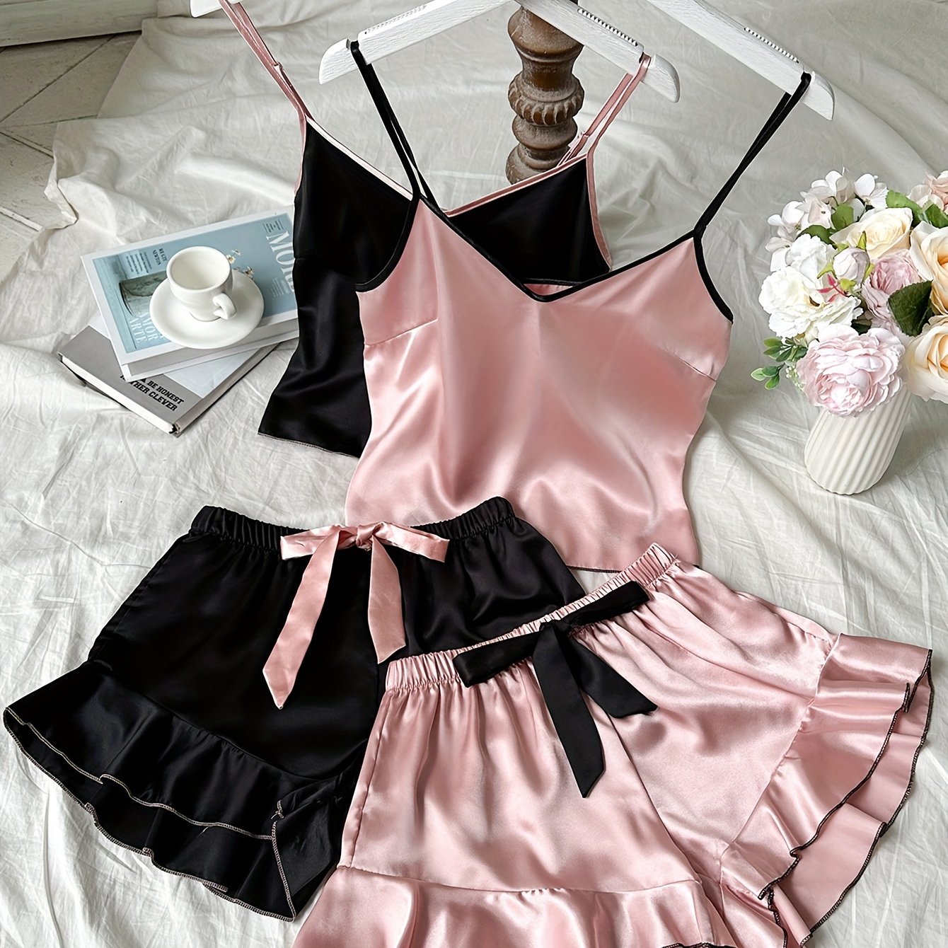 Women's Solid Color Pajama Set with Bow Suspender Shorts for All Seasons