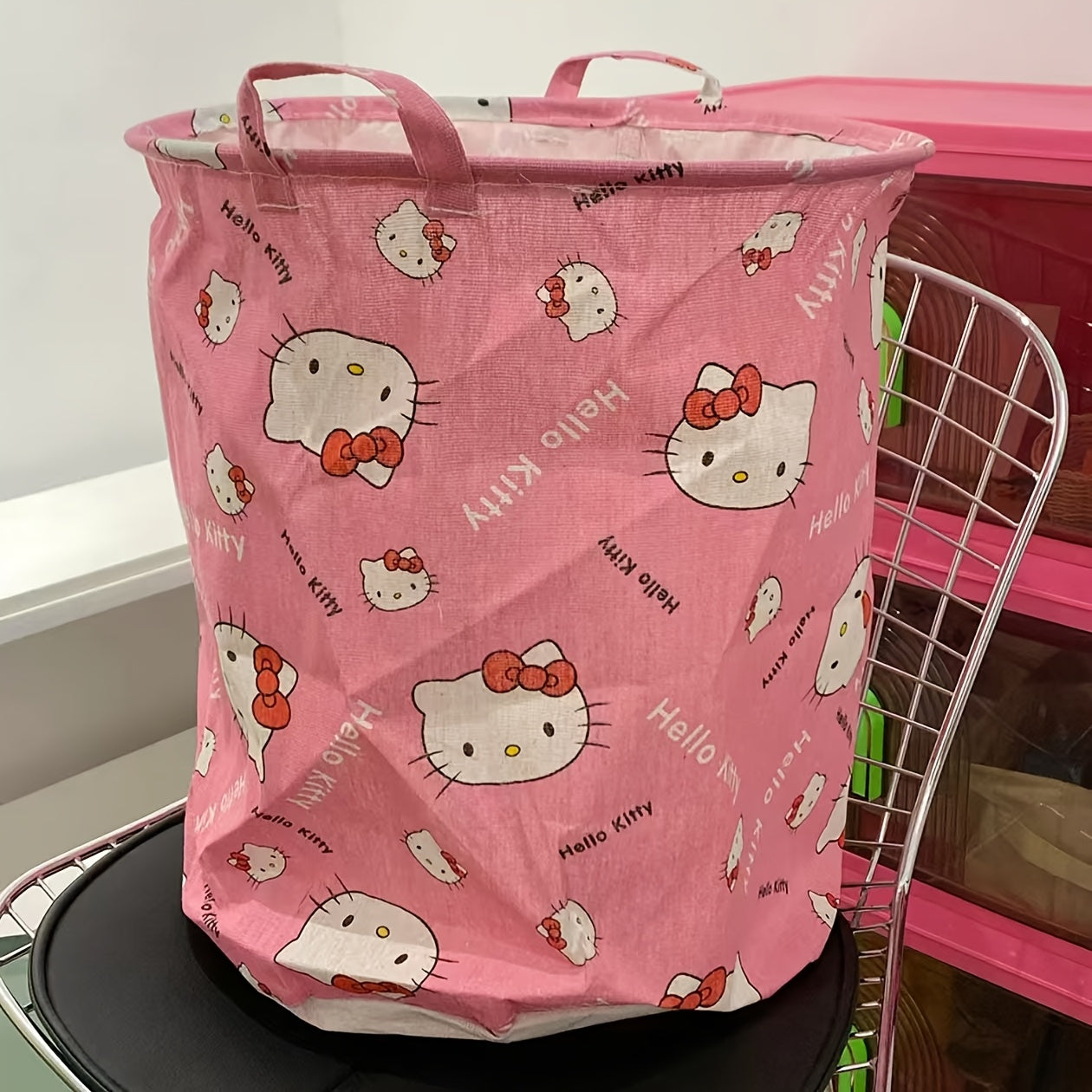 cesta de ropa redonda de tela con asa para almacenamiento en dormitorio