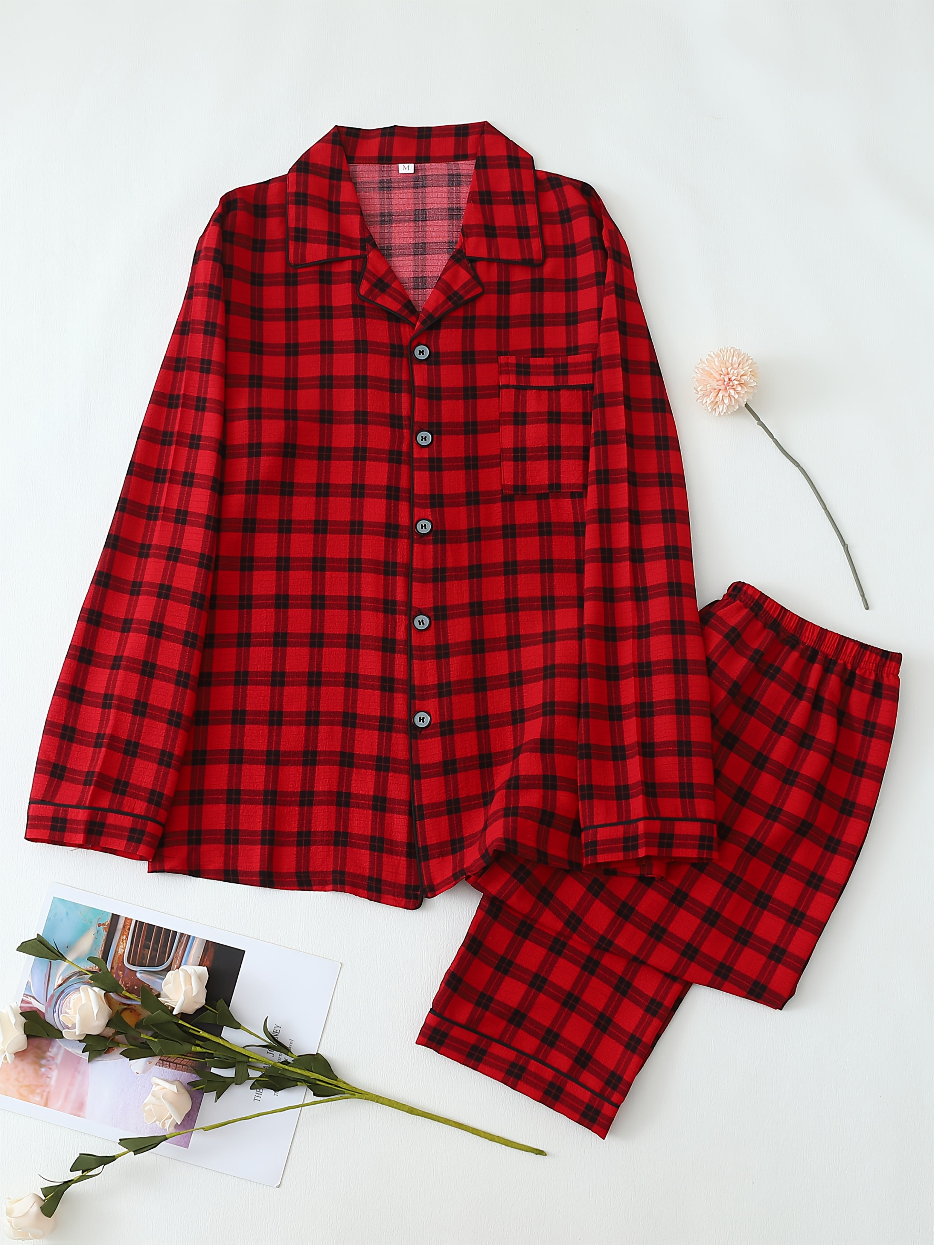 Men's Red Plaid Pajama Set Long Sleeve Polyester Knit Casual Sleepwear