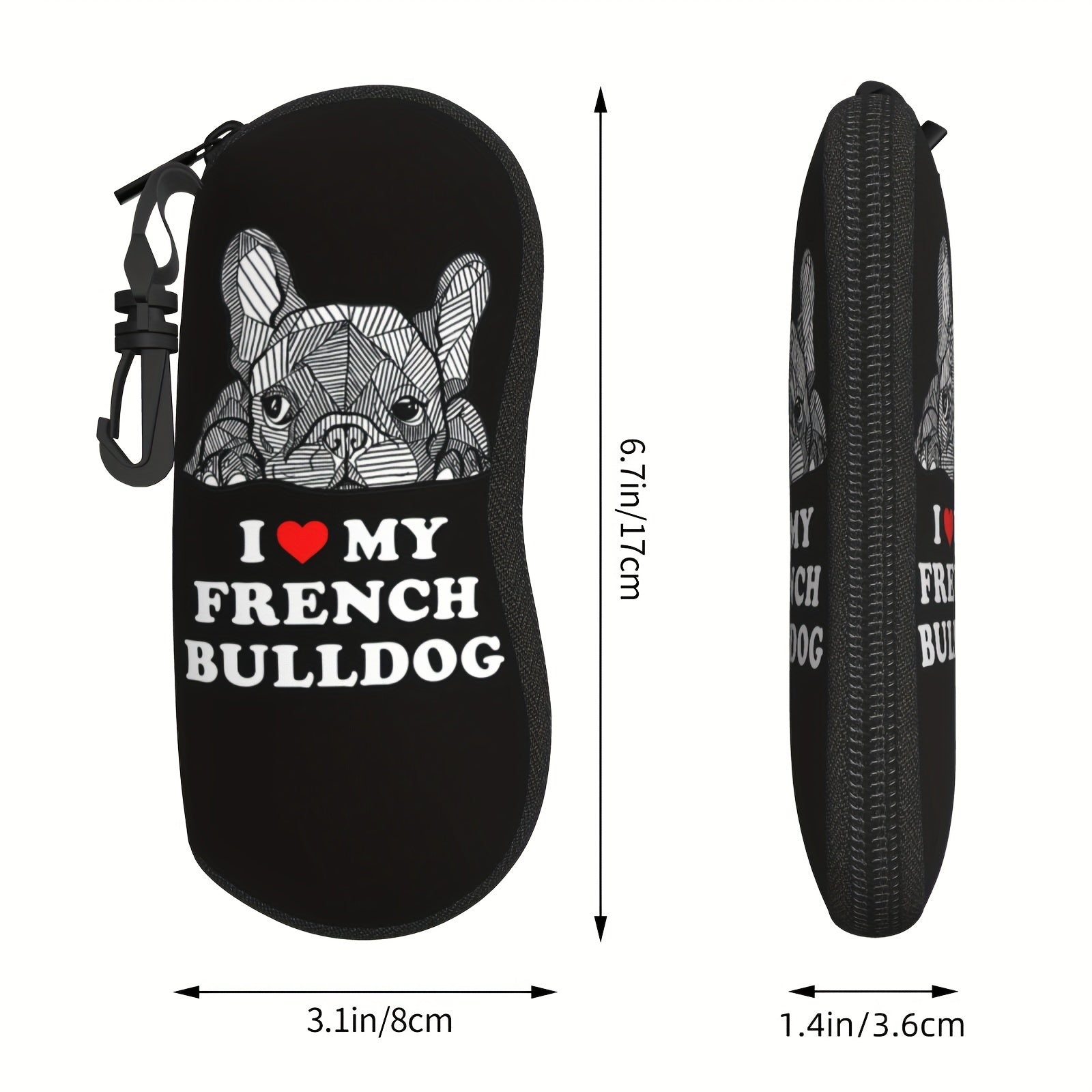 French Bulldog Pattern Glasses Case with Key Chain Neoprene Portable Eyewear Holder