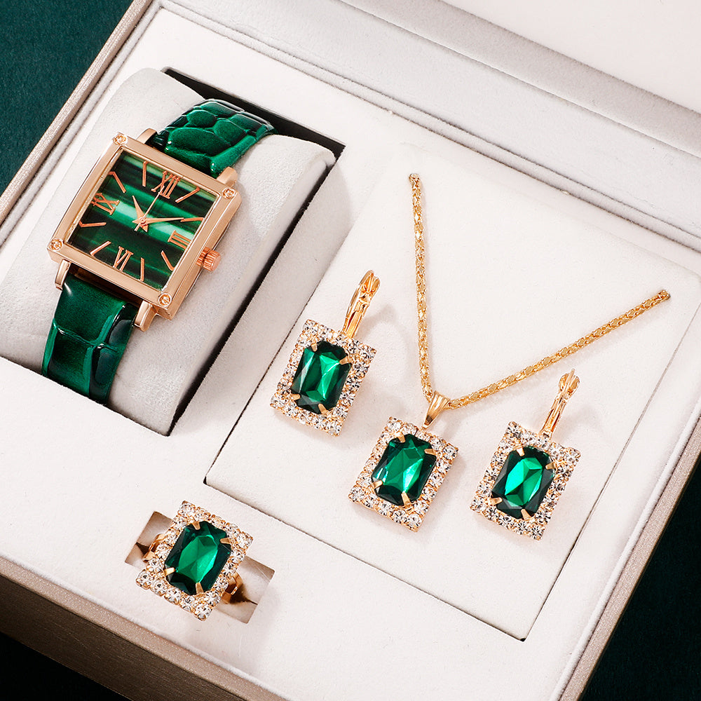 Set of 5 Women's Vintage Square Quartz Watches with Green Dial and Rhinestone Jewelry Set