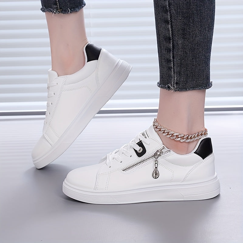 Ladies' Side Zipper Low-Top Flat Shoes, Comfortable Solid Color Walking Sneakers