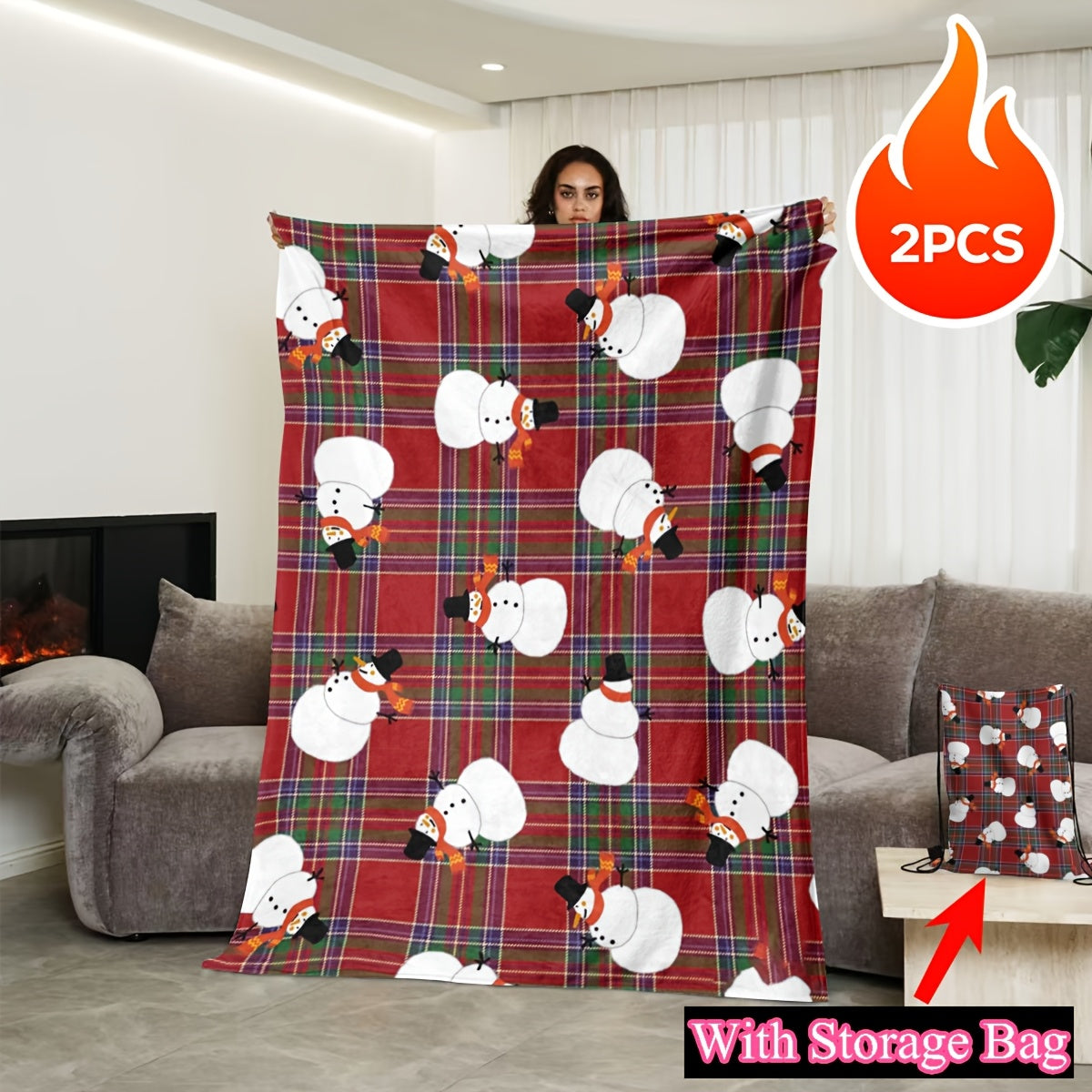 Red Flannel Snowman Print Blanket with Multi-Function Pocket for Outdoor Camping and Gift