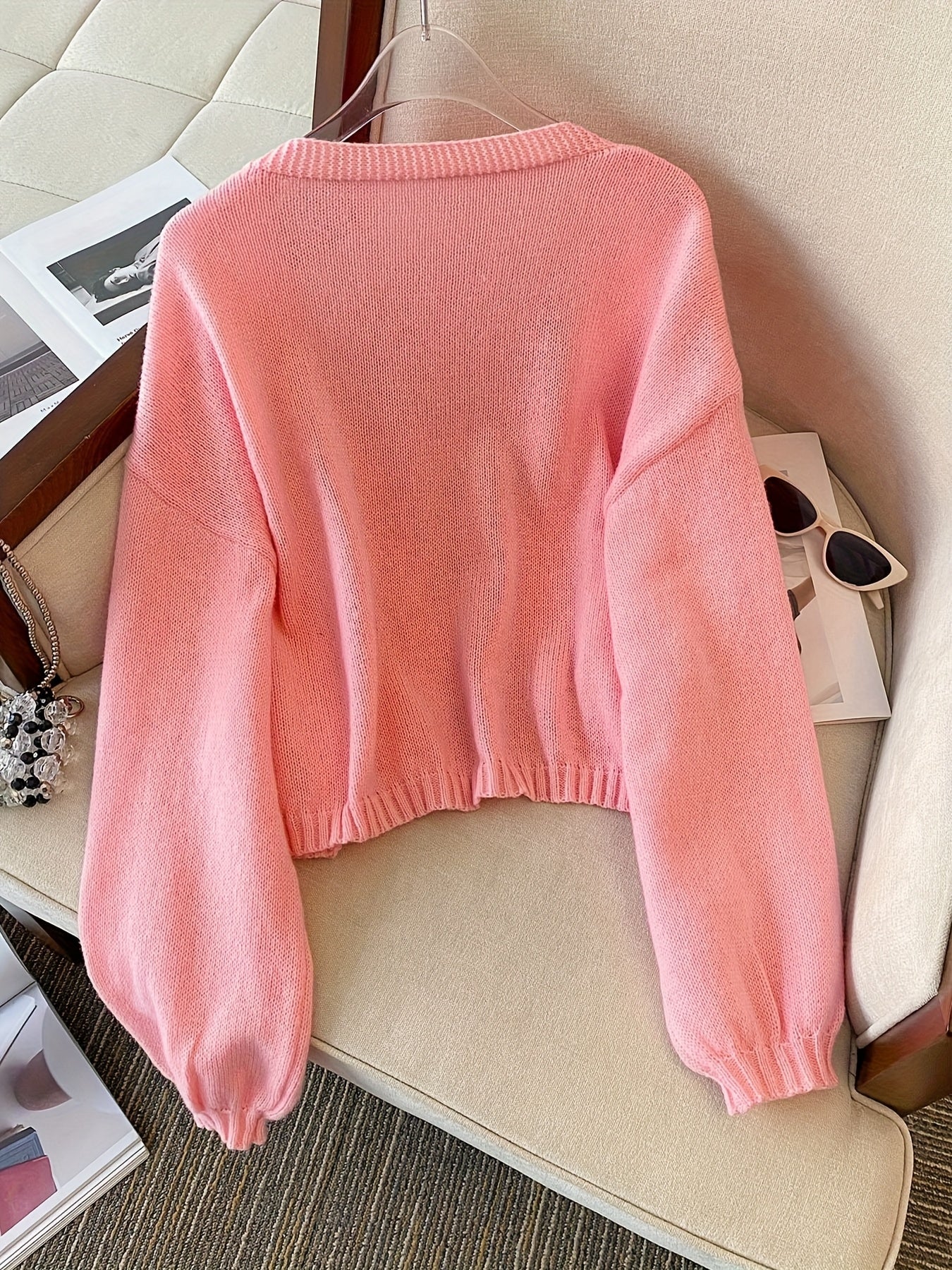 Ayollar uchun katta o'lcham V-yengli kardigan, uzun qolli trikotaj sviter, kuz-qish issiqligi