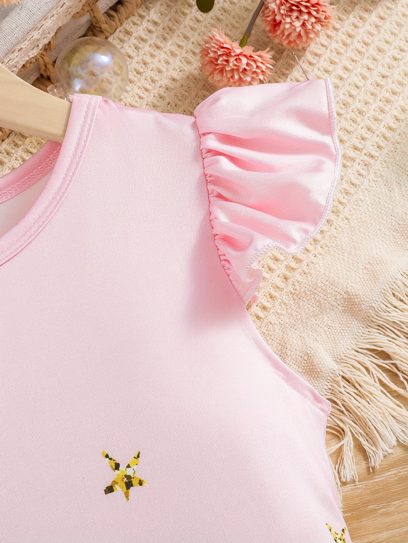 Girls' Polyester Unicorn Dress with Flutter Trim for Spring and Summer