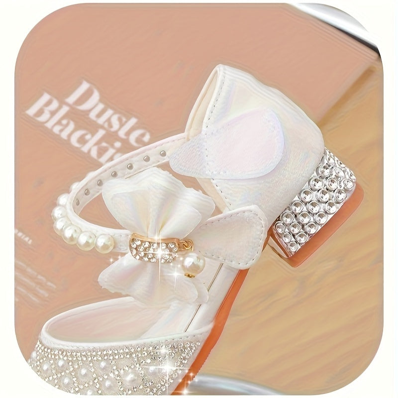Girls Glitter Rhinestone Princess Shoes with Pearl Bow Block Heel Non-Slip Sole for School Dance Wedding Party