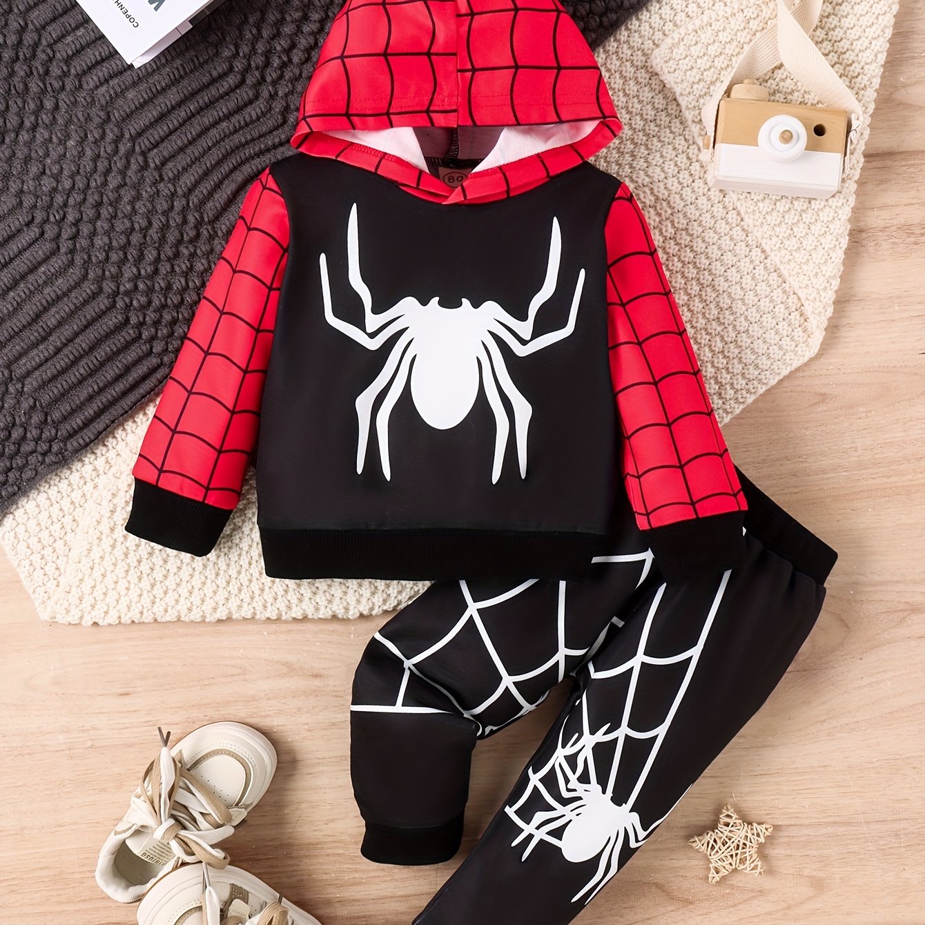 Boy's Spider Print Hooded Outfit Set Web Pattern Spring Fall 2pcs