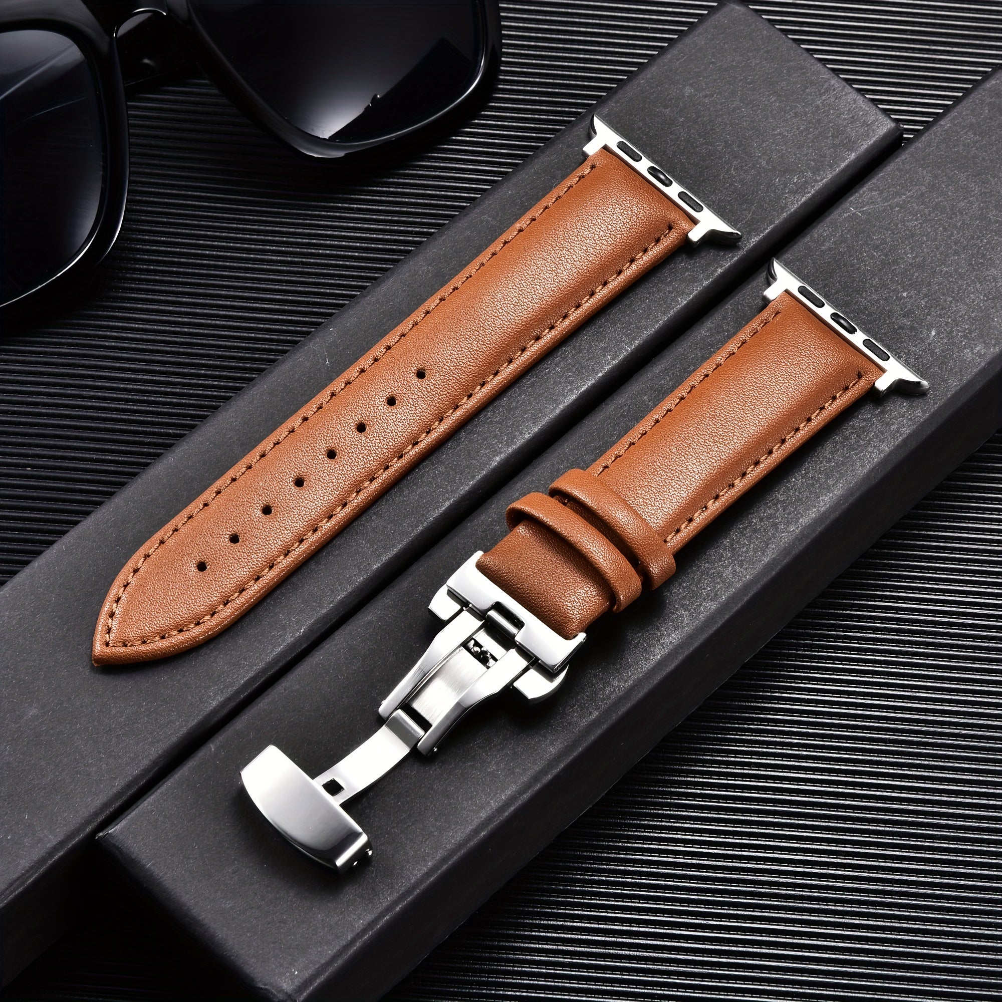 PU Leather Watch Band with Butterfly Clasp Compatible with All Apple Watch Models 38/40/41mm 42/44/45/49mm