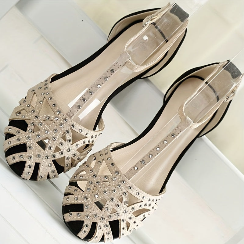 Women's Rhinestone Decor Flat Sandals Closed Toe T-Strap Ankle Strap
