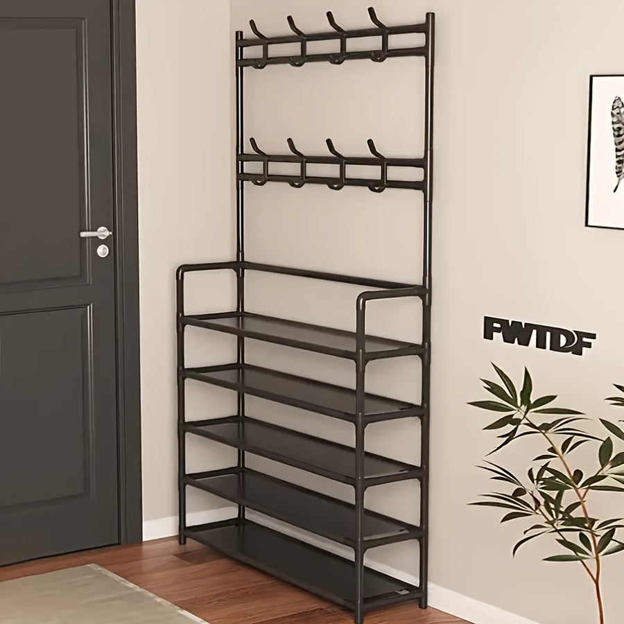 Contemporary Metal Shoe Rack with Hooks, Black or White, Easy Assembly