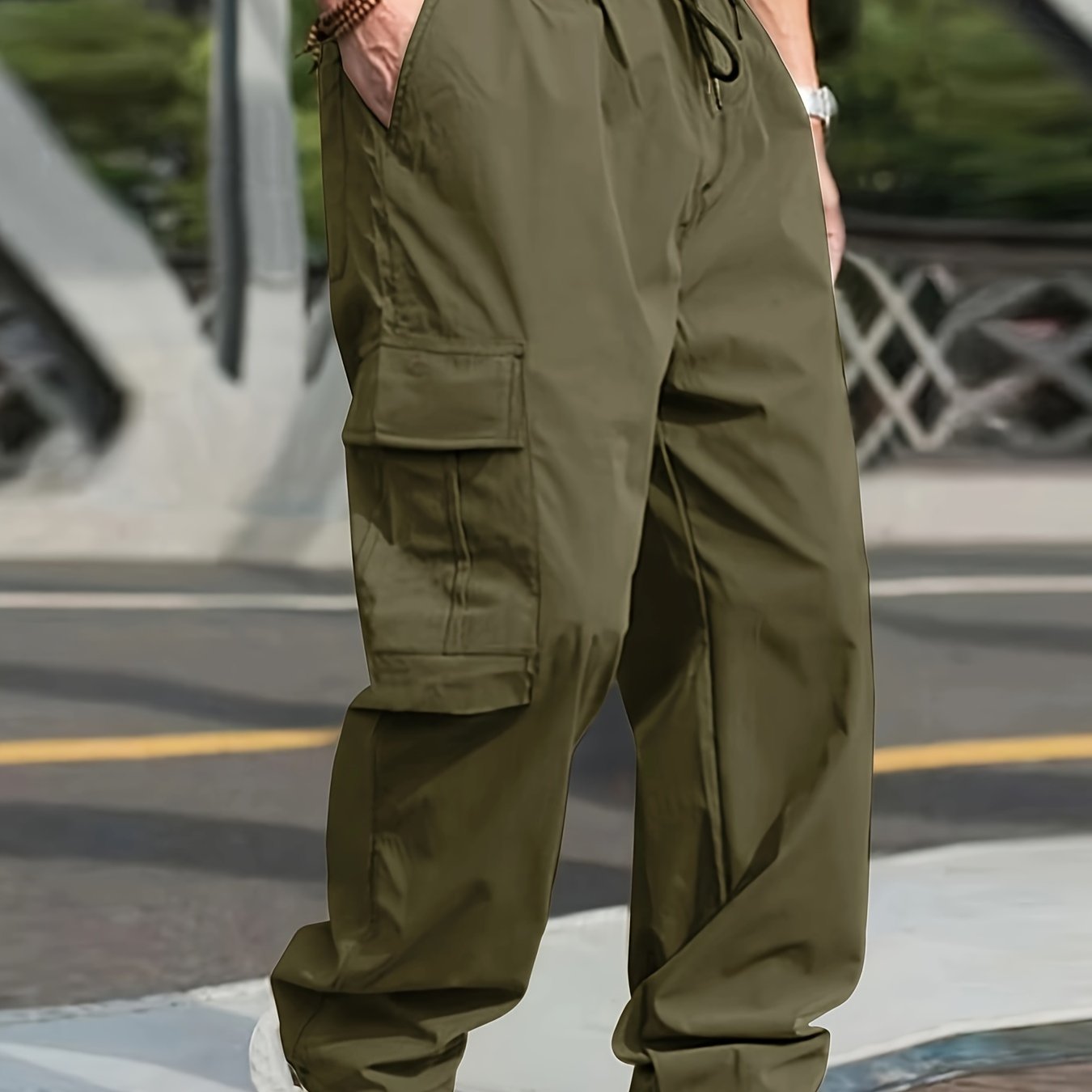 Men's Olive Green Cargo Pants Lightweight Twill with Side Pockets Adjustable Waist All-Season