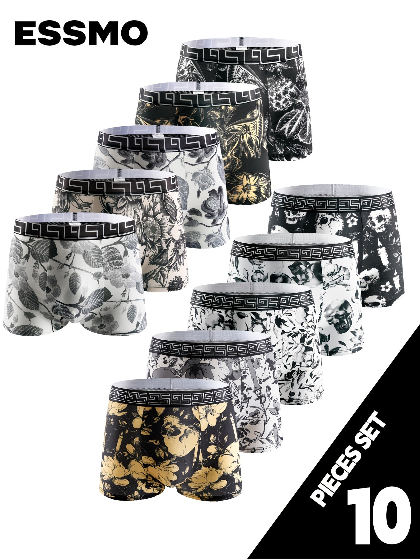 Set of 10 Geometric Pattern Boxer Briefs for Men Polyester Elastane Medium Stretch